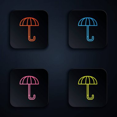 Siyah arkaplanda izole edilmiş renkli neon çizgisi klasik açık şemsiye simgesi. Yağmur koruma sembolü. Kare düğmelere simgeleri yerleştir. Vektör