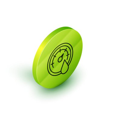 İzometrik çizgi sauna termometre simgesi beyaz arkaplanda izole edildi. Sauna ve banyo malzemeleri. Yeşil daire düğmesi. Vektör