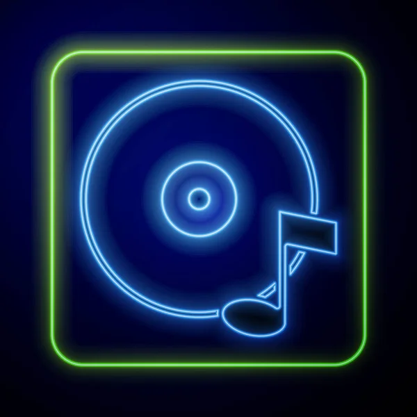 Lumineux néon icône de disque de vinyle isolé sur fond bleu. Vecteur — Image vectorielle