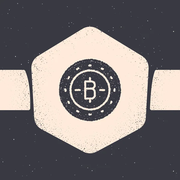 Grunge Cryptocurrency coin Bitcoin icon isolated on grey background. Physical bit coin. Blockchain based secure crypto currency. Monochrome vintage drawing. Vector — Stock Vector