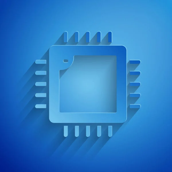 Paper cut Processore di computer con microcircuiti icona CPU isolata su sfondo blu. Chip o cpu con circuito stampato. Microprocessore. Stile cartaceo. Vettore — Vettoriale Stock