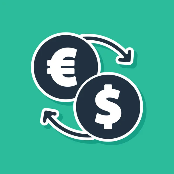 Blue Money exchange icon isolated on green background. Euro and Dollar cash transfer symbol. Banking currency sign. Vector — Stock Vector