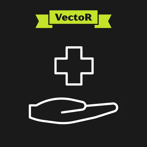 Weiße Linie Kreuz Krankenhaus medizinische Ikone isoliert auf schwarzem Hintergrund. Erste Hilfe. Diagnose-Symbol. Medizin und Apotheke Zeichen. Vektorillustration — Stockvektor