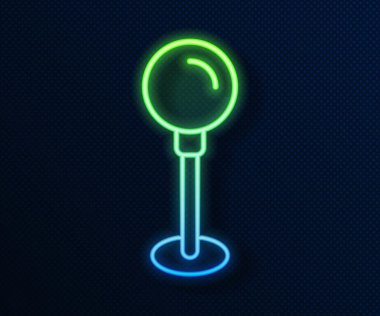Parlayan neon hattı mavi arka planda Push pin simgesi izole edildi. Raptiye işareti. Vektör
