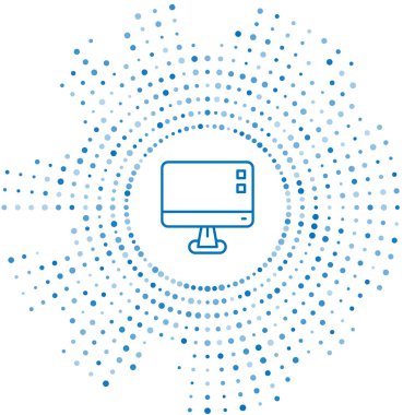 Mavi çizgi bilgisayar ekranı ekranı simgesi beyaz arkaplanda izole edildi. Elektronik cihaz. Ön manzara. Soyut çember rastgele noktalar. Vektör