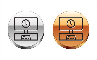 Siyah çizgi Akıllı TV zaman simgesi beyaz arkaplanda izole edildi. Televizyon tabelası. Gümüş-altın halka düğmesi. Vektör