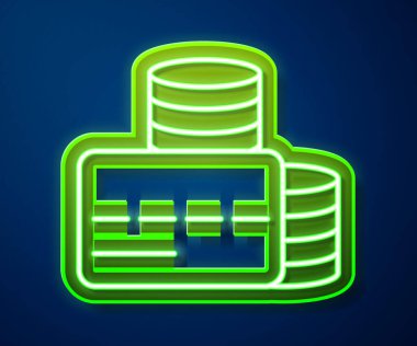 Parlayan neon hattı kredi kartı simgesi mavi arkaplanda izole edildi. Çevrimiçi ödeme. Nakit çekilmesi. Finansal operasyonlar. Alışveriş tabelası. Vektör