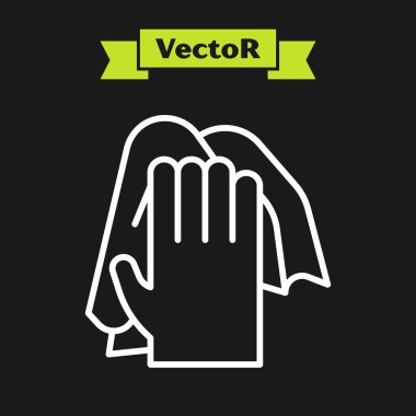 Beyaz çizgi temizlik servisi simgesi siyah arkaplanda izole edildi. Lateks el koruması işareti. Ev işi temizlik ekipmanları sembolü. Vektör