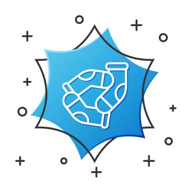 Beyaz çizgi Çorap simgesi beyaz arkaplanda izole edildi. Mavi altıgen düğmesi. Vektör