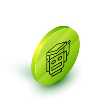 İzometrik çizgi robot simgesi beyaz arkaplanda izole edildi. Yapay zeka, makine öğrenme, bulut hesaplama. Yeşil daire düğmesi. Vektör