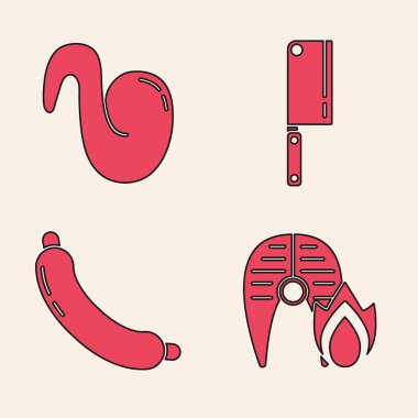 Izgara balık bifteği ve alevler, kızarmış tavuk kanadı, et dilimi ve sosis ikonu. Vektör