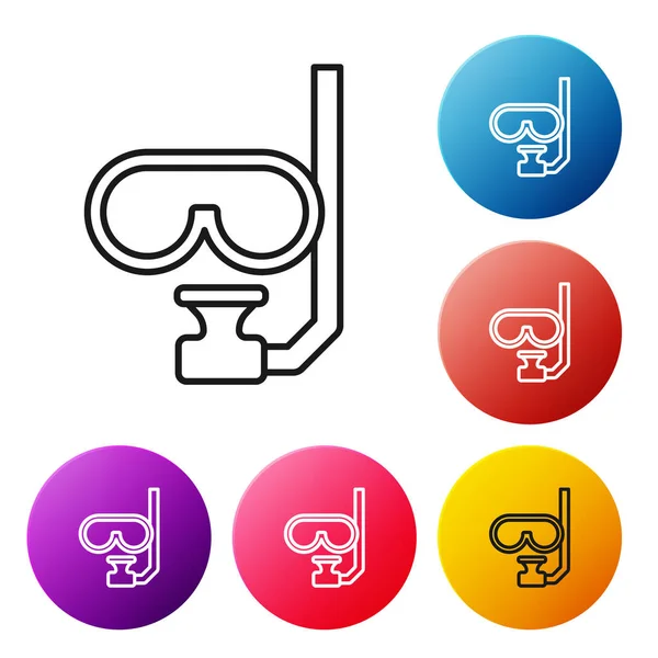 Black line Diving mask and snorkel icon isolated on white background. Extreme sport. Diving underwater equipment. Set icons colorful circle buttons. Vector — Stock Vector