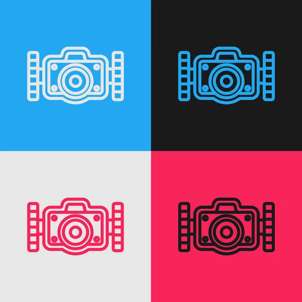 팝 아트 라인 포토 카메라는 다이버 아이콘을 위한 컬러 배경에 분리 된 것이다. Foto 카메라 아이콘. 수중 장비를 잠수하는 일. Vector — 스톡 벡터