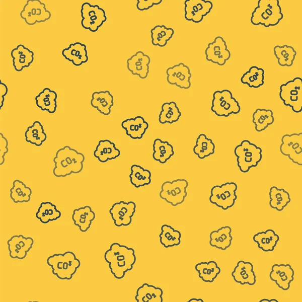 Blue line CO2 emissions in cloud icon isolated seamless pattern on yellow background. Formule dioxyde de carbone, concept de pollution par le smog, concept d'environnement. Vecteur — Image vectorielle