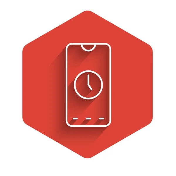 Línea blanca Icono de interfaz de teléfono inteligente aplicación reloj despertador aislado con sombra larga. Botón de hexágono rojo. Vector — Vector de stock