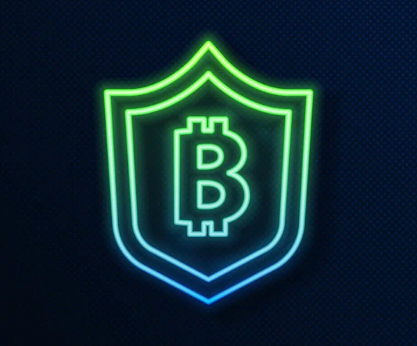 Glödande neon linje Sköld med bitcoin ikon isolerad på blå bakgrund. Cryptocurrency gruvdrift, blockchain teknik, säkerhet, skydda, digitala pengar. Vektor — Stock vektor
