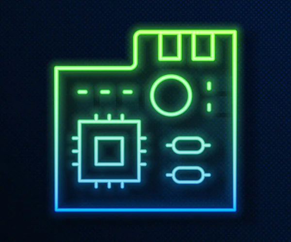 글로잉 네온 라인 전자 컴퓨터 부품 마더 보드 디지털칩은 푸른 배경에서 분리 된 과학 아이콘을 통합하였다. 서킷 보드. Vector — 스톡 벡터