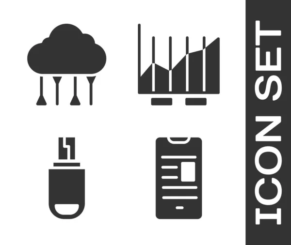 Definir livro on-line no celular, conexão de nuvem de rede, unidade flash USB e ícone de gráfico de pizza infográfico. Vetor —  Vetores de Stock