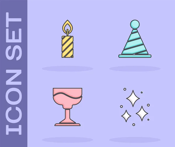 Set Feu d'artifice, bougies gâteau d'anniversaire, Cocktail et chapeau de fête icône. Vecteur — Image vectorielle
