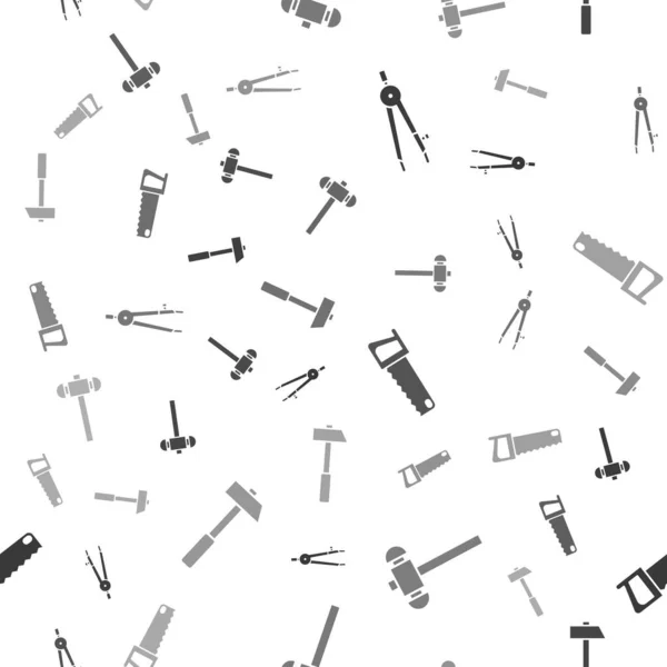 Set Drawing kompas, Sledgehammer, Handzaag en Hamer op naadloos patroon. Vector — Stockvector
