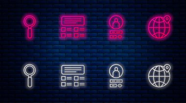 Çevrimiçi sınav, test, inceleme, hesap ekranı, büyüteç ve dünya üzerindeki konumu ayarla. Tuğla duvarda parlayan neon simgesi. Vektör