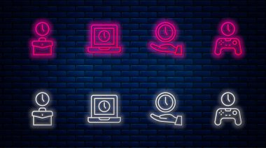 Dizüstü bilgisayarın, saatin, çalışmanın ve oyun alanının zamanını ayarla. Tuğla duvarda parlayan neon simgesi. Vektör