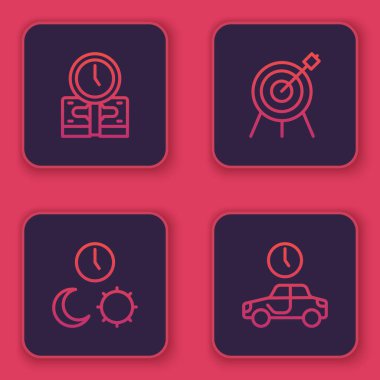 Zaman çizelgesi para, gündüz ve gece zamanla, hedef sporu ve seyahat. Mavi kare düğme. Vektör