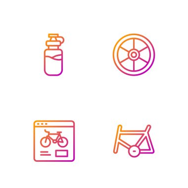 Hat, bisiklet iskeleti, kiralık mobil uygulama, su ve tekerli spor şişesi. Renk simgeleri. Vektör