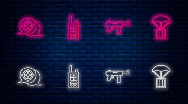 Telsiz hattı, makineli tüfek M3, hedef spor ve hava indirme kutusu. Tuğla duvarda parlayan neon simgesi. Vektör