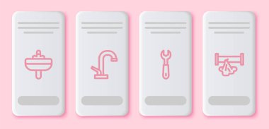 Hela, su musluğu, İngiliz anahtarı ve kırık boru ayarlayın. Beyaz dikdörtgen düğme. Vektör