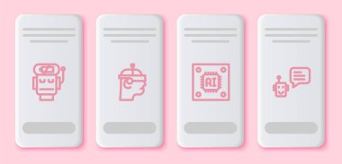 Robot düşük batarya şarjı, akıllı gözlük, işlemci ve işlemci ayarlayın. Beyaz dikdörtgen düğme. Vektör