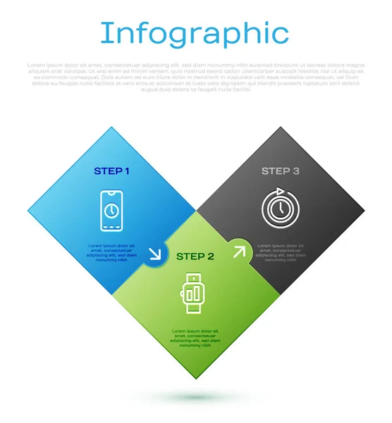 Imposta linea Sveglia app mobile, Orologio con freccia e smartwatch. Modello di infografica aziendale. Vettore — Vettoriale Stock