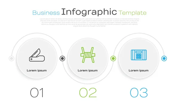 Definir linha canivete suíço, arame farpado e bomba Dynamite. Modelo de infográfico de negócios. Vetor — Vetor de Stock