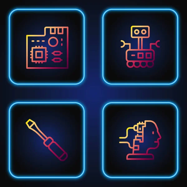 Set línea Robot para mantenimiento, destornillador, placa base chip digital y. Iconos de color degradado. Vector — Archivo Imágenes Vectoriales