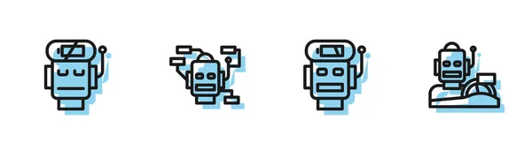 Stel lijn Robot bijna leeg batterij,, en humanoïde rijden auto pictogram. Vector — Stockvector