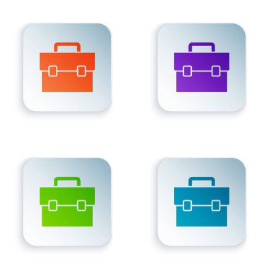 Beyaz arkaplanda izole edilmiş renkli evrak çantası simgesi. İş ilanı. İş portföyü. Kare düğmelere renkli simgeleri yerleştir. Vektör