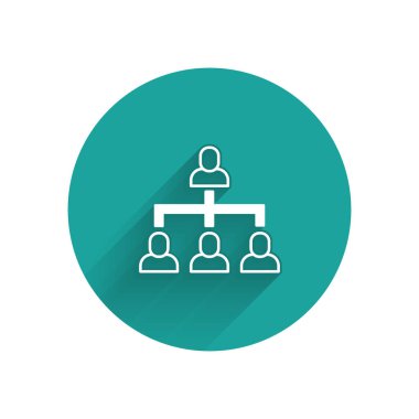 Beyaz İş Hiyerarşisi organogram şema bilgi ikonu uzun gölgeli izole. Kurumsal yapı grafik elementleri. Yeşil daire düğmesi. Vektör