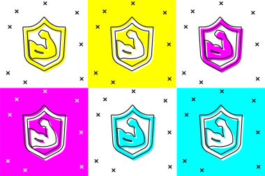 Vücut geliştiricisini renk arkaplanında izole edilmiş kas simgesini göstermesi için ayarla. Formda kalmak, güçlü sağlık hobisi kavramı. Vektör