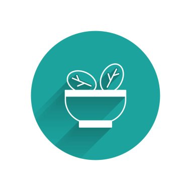 Uzun gölgeli beyaz salata ikonu. Taze sebze salatası. Sağlıklı beslenme. Yeşil daire düğmesi. Vektör