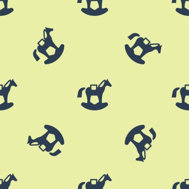 Küçük çocuk ikonu için eyerde sallanan mavi tahta at sarı arka planda izole edilmiş pürüzsüz desen. Vektör