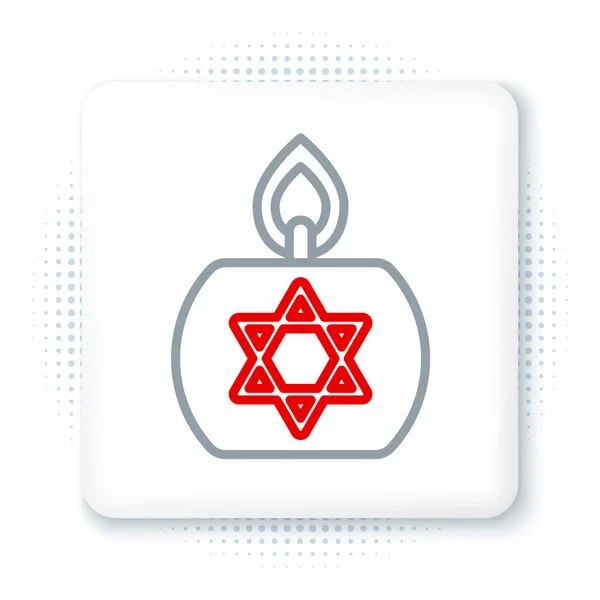 Line Burning candle in candlestick with star of david icon isolated on white background. Cylindrical candle stick with burning flame. Colorful outline concept. Vector — Stock Vector