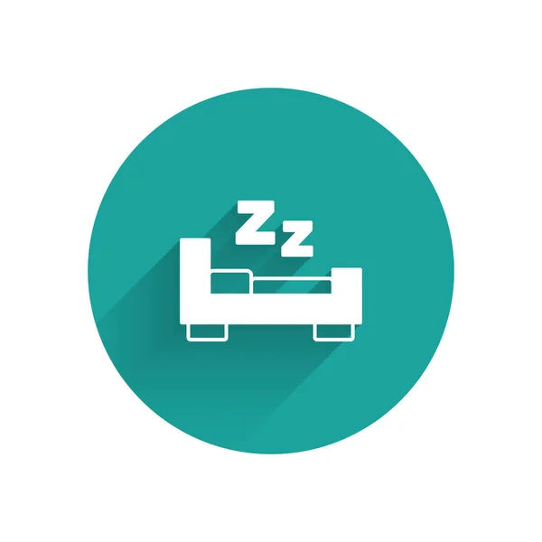 White Time to sleep icono aislado con sombra larga. Sleepy zzz. Estilo de vida saludable. Botón círculo verde. Vector — Vector de stock