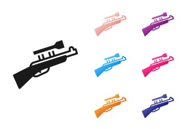 Beyaz arka planda izole edilmiş dürbünlü siyah keskin nişancı tüfeği. Simgeleri renklendirin. Vektör