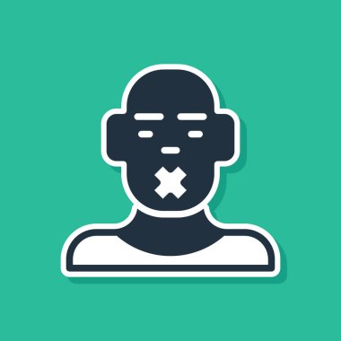 Blue Head of deaf and dumb guy icon isolated on green background. Dumbness sign. Disability concept. Vector