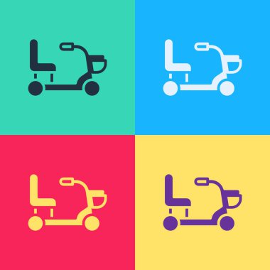 Özürlü insanlar için Pop Art Electric tekerlekli sandalye. Renkli arka planda izole edilmiş bir simge. Mobil scooter simgesi. Vektör