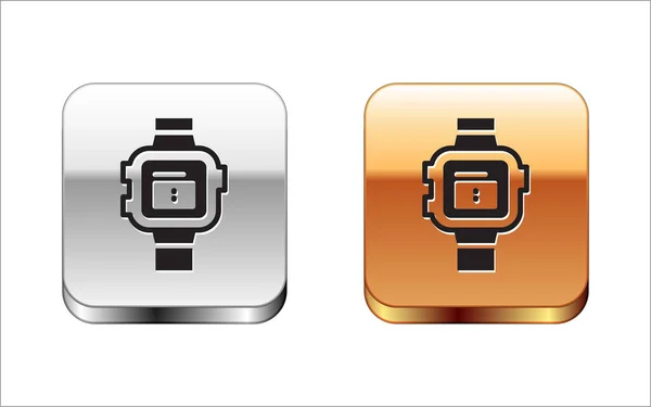 Icône de montre-bracelet noir isolé sur fond blanc. Icône de montre-bracelet. Boutons carrés en argent et or. Vecteur — Image vectorielle