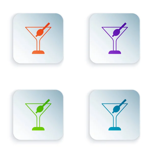 Icône en verre Martini couleur isolée sur fond blanc. Icône de cocktail. icône de verre de vin. Définir des icônes colorées dans des boutons carrés. Vecteur — Image vectorielle
