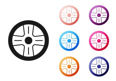 Beyaz arka planda izole edilmiş bir araba simgesi için siyah alçı tekerleği. Simgeleri renklendirin. Vektör