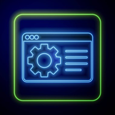 Parlayan neon tarayıcı ayarı simgesi mavi arkaplanda izole edildi. Ayarlama, servis, bakım, onarım, onarım. Vektör