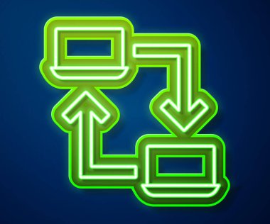 Parlayan neon hattı. Çevrimiçi çalışan simge mavi arkaplanda izole edildi. Evinde dizüstü bilgisayarla çalışan serbest çalışan bir adam. Uzaktan kumanda. Mesafeli iş kavramı. Vektör